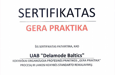 Delamode Baltics gavo sertifikatą už kokybiškai organizuojamą profesinę praktiką