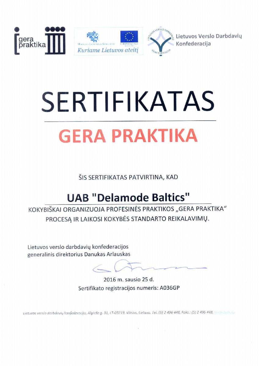 Delamode Baltics gavo sertifikatą už kokybiškai organizuojamą profesinę praktiką